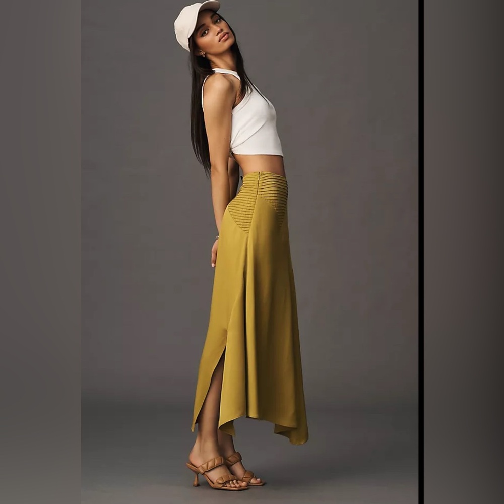 Anthropologie Mustard Olive Maxi Skirt with Textured Waist